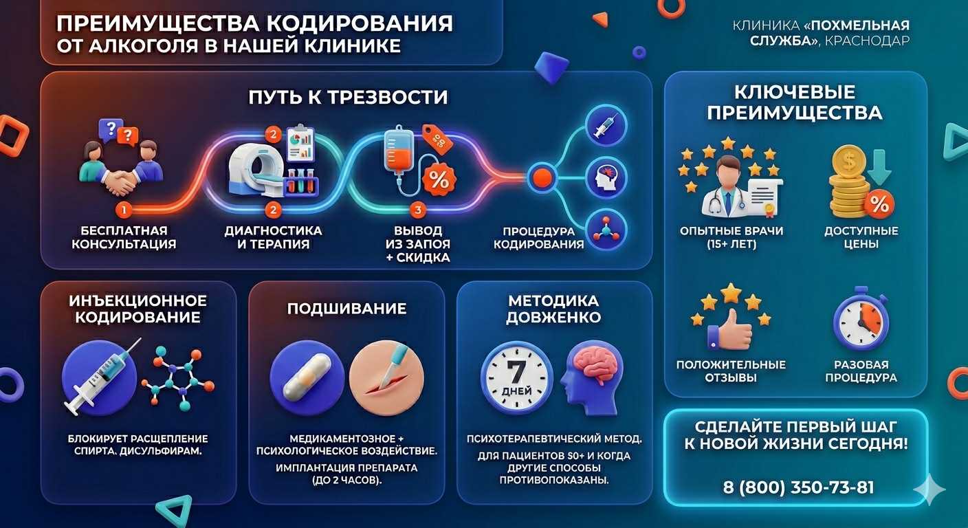 Инфографика о методах кодирования от алкоголя в Горячем Ключе: инъекции, подшивание, метод Довженко. Преимущества клиники и этапы лечения.