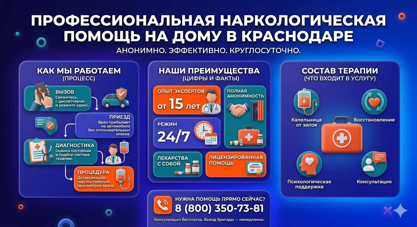 Инфографика о принципах лечения алкоголизма на дому в Горячем Ключе: этапы вызова нарколога, преимущества анонимной детоксикации и состав медицинской помощи.